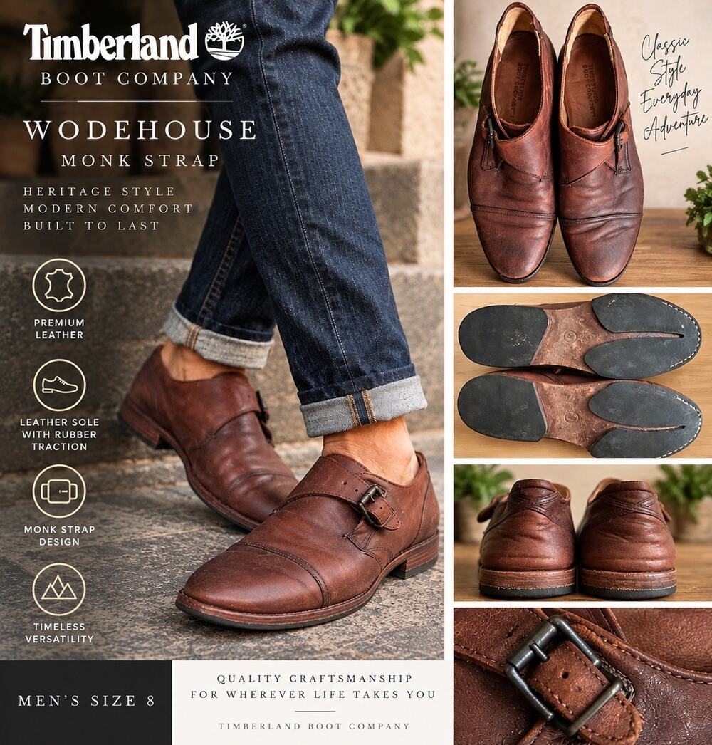 Timberland Monk Strap Dress Shoes Brown Leather Cap Toe Round Toe Men 8